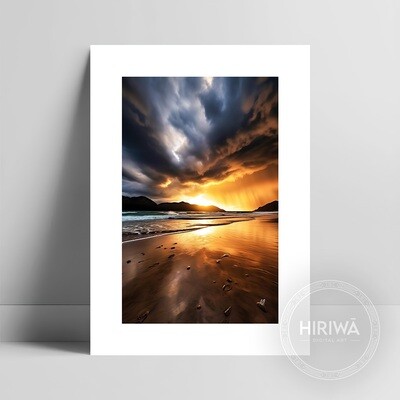 Coastal Sunset fine art print with a white border by Hiriwā Digital Art.