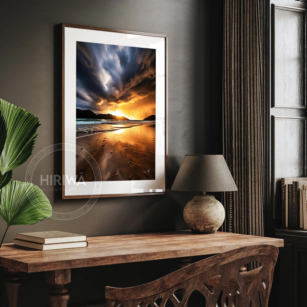 Coastal Sunset fine art print displayed in a frame with white border.