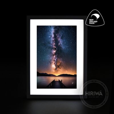 Night's Pursuit of Fading Light artwork with the Milky Way, silhouetted mountains, sunset and jetty by Hiriwā Digital Art.