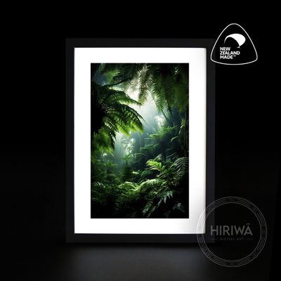 Amongst the Ferns artwork with layered tree ferns and lush green foliage illuminated by soft light by Hiriwā Digital Art.