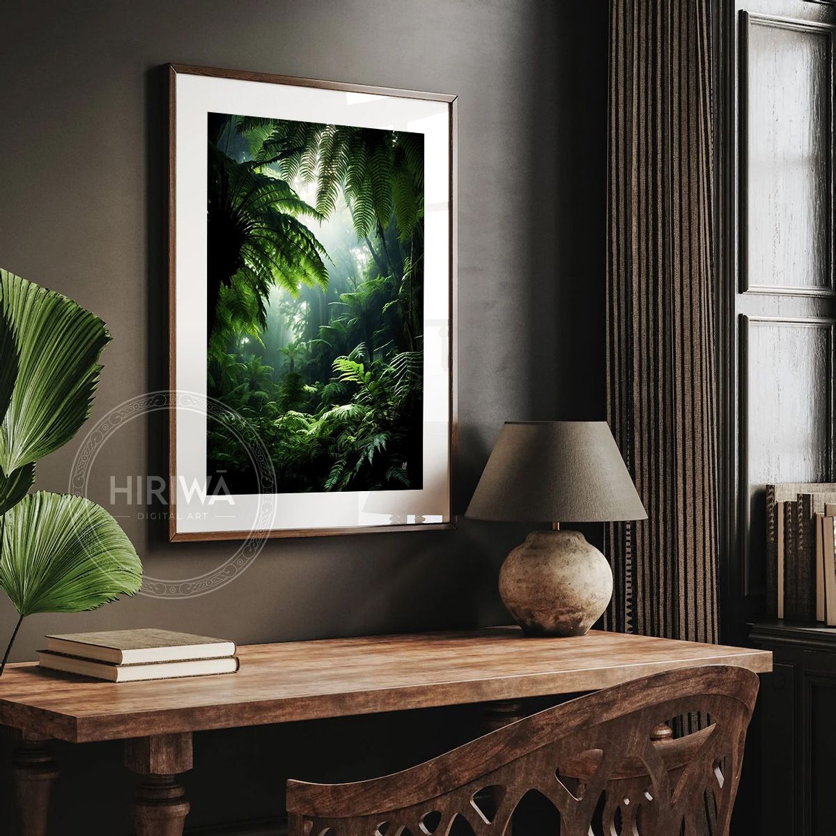 Amongst the Ferns fine art print displayed in a frame with white border.
