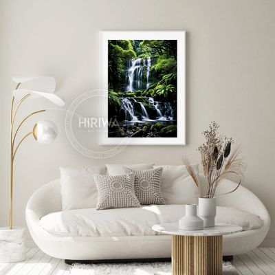 Tiered Falls lush forest waterfall print displayed as wall art.