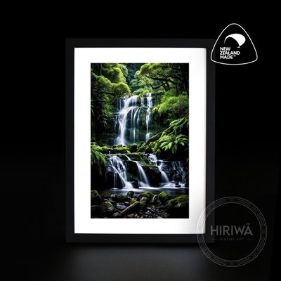 Tiered Falls waterfall artwork with cascading water, moss-covered rocks and lush green forest by Hiriwā Digital Art.