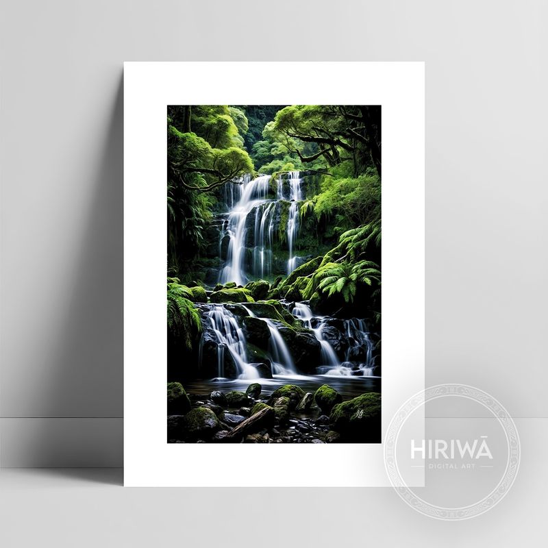 Tiered Falls fine art print with a white border by Hiriwā Digital Art.
