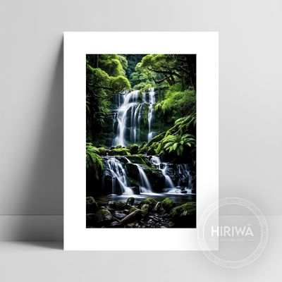 Tiered Falls fine art print with a white border by Hiriwā Digital Art.