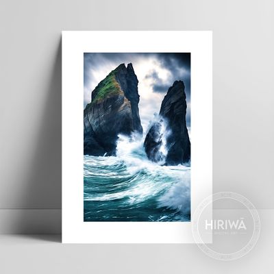 Sea Stacks fine art print with a white border by Hiriwā Digital Art.