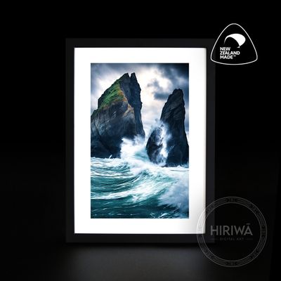Sea Stacks coastal artwork with dramatic rock formations rising from the ocean by Hiriwā Digital Art.