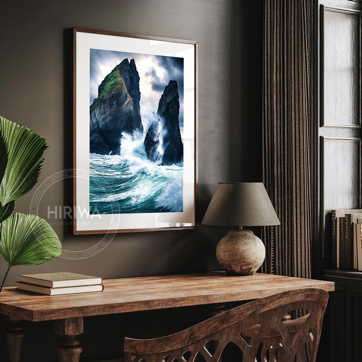 Sea Stacks fine art print displayed in a frame with white border.