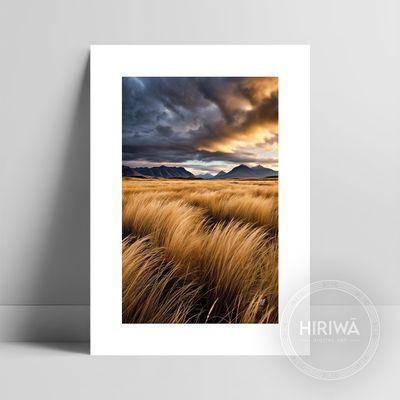 Windswept Plains fine art print with a white border by Hiriwā Digital Art.