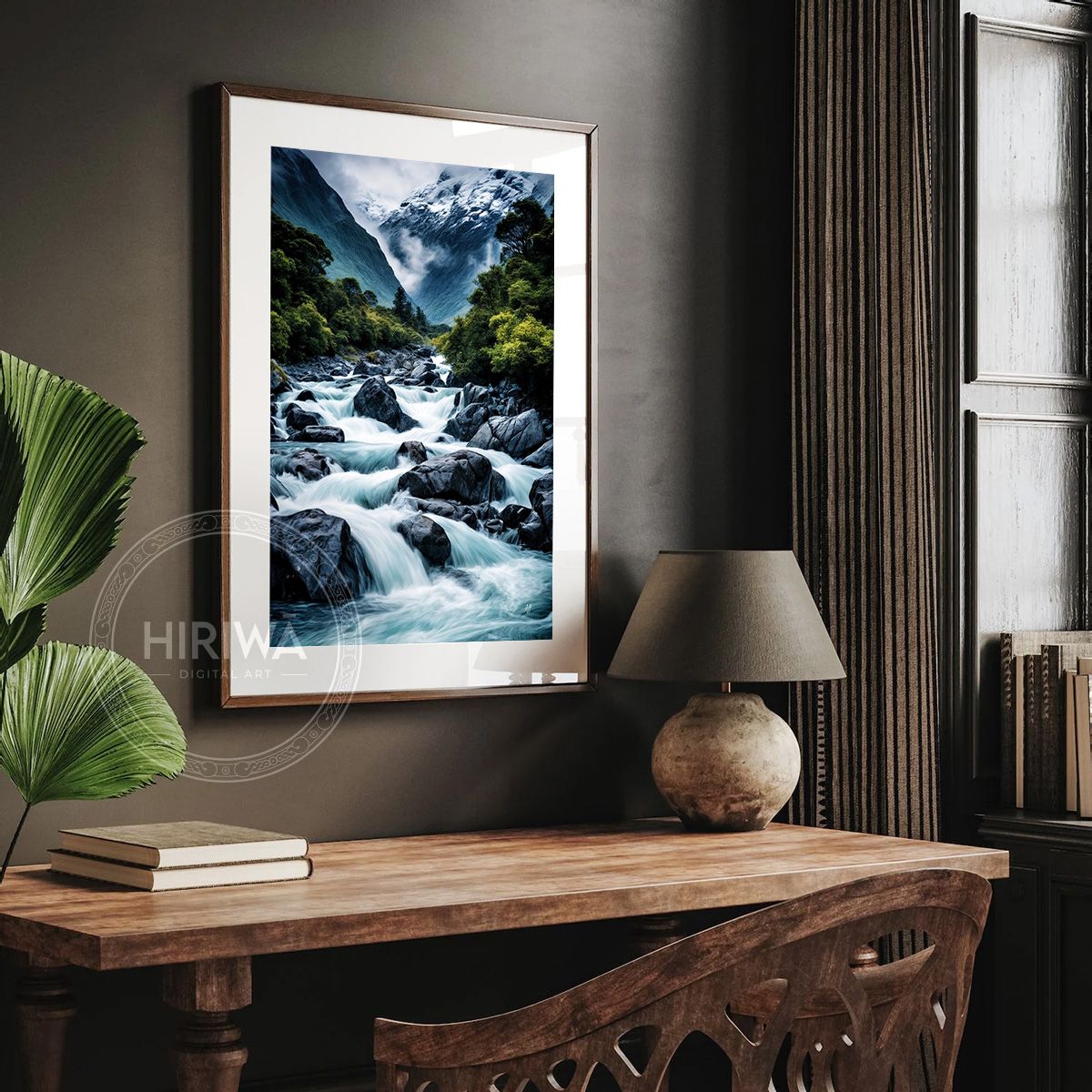 Untamed Mountain Rapids fine art print displayed in a frame with white border.