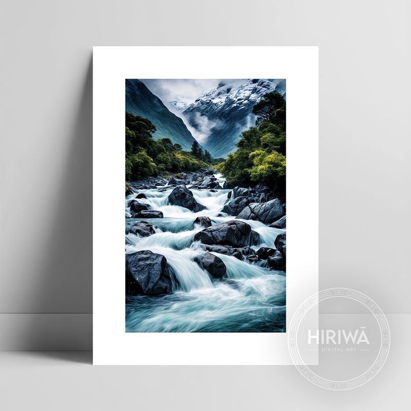 Untamed Mountain Rapids fine art print with a white border by Hiriwā Digital Art.