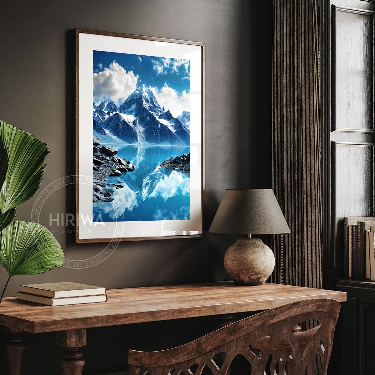 Mirrored Peaks fine art print displayed in a frame with white border.
