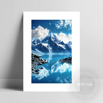 Mirrored Peaks fine art print with a white border by Hiriwā Digital Art.