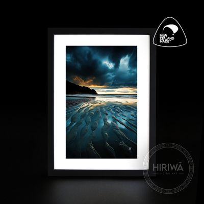 Tidal Patterns coastal artwork showing low-tide patterns beneath dark clouds by Hiriwā Digital Art.