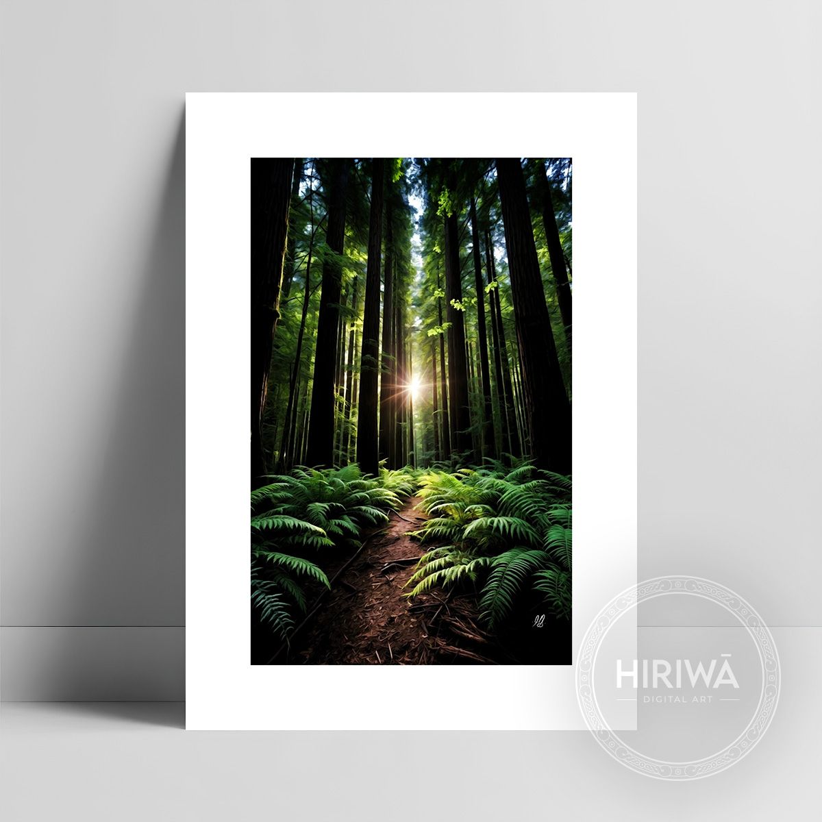 Under the Redwood Giants fine art print with a white border by Hiriwā Digital Art.