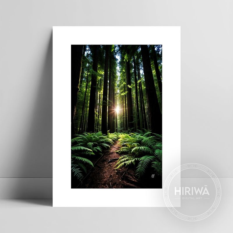 Under the Redwood Giants fine art print with a white border by Hiriwā Digital Art.