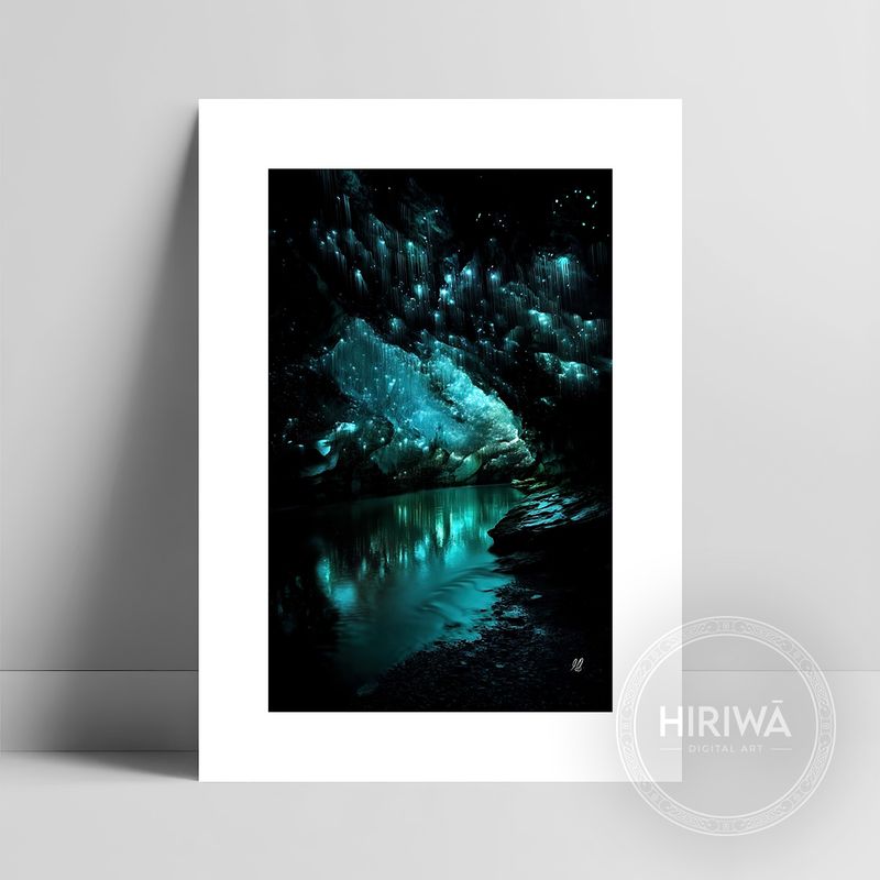 Glowing Threads of Light fine art print with a white border by Hiriwā Digital Art.