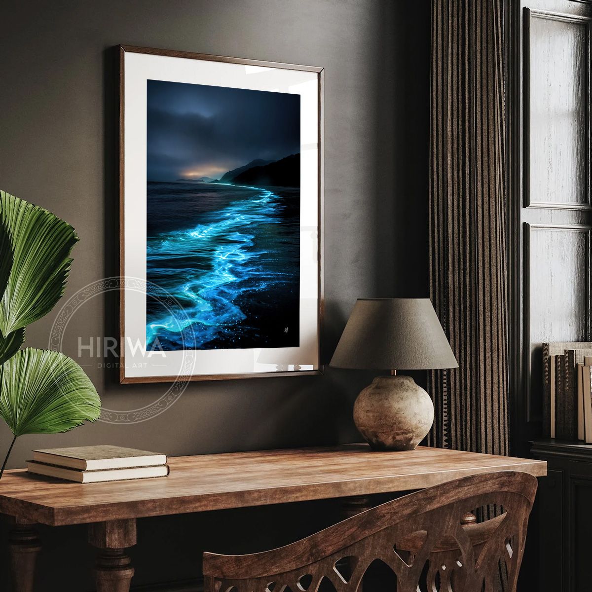 Bioluminous Drift fine art print displayed in a frame with white border.