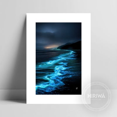 Bioluminous Drift fine art print with a white border by Hiriwā Digital Art.