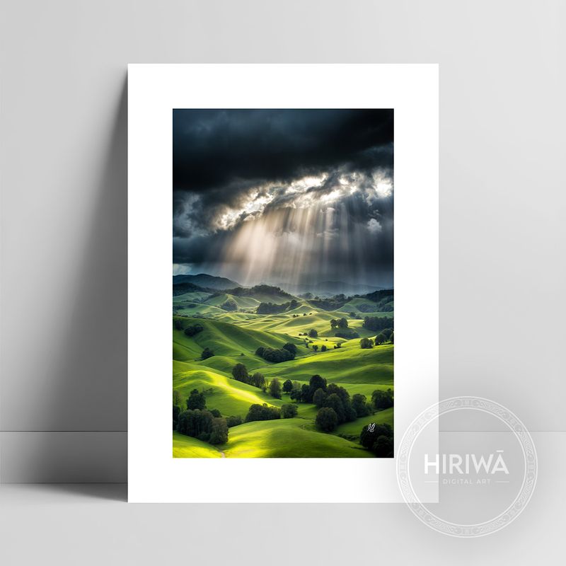 Light Within the Storm fine art print with a white border by Hiriwā Digital Art.