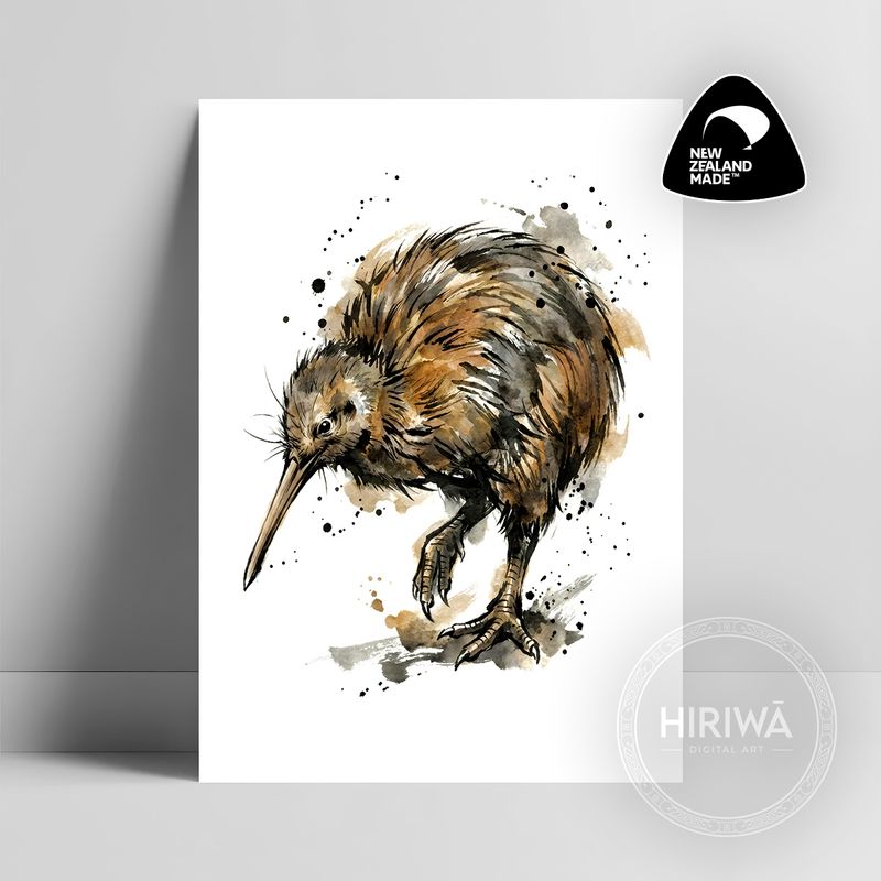 Kiwi artwork with shaggy brown plumage, long bill and strong legs surrounded by black ink splashes by Hiriwā Digital Art.