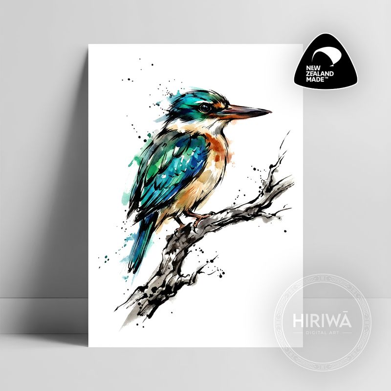 Kōtare kingfisher artwork with vivid turquoise-blue plumage perched on an expressive black ink branch by Hiriwā Digital Art.