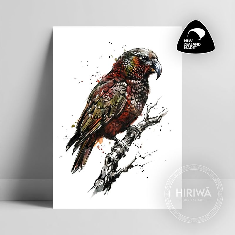 Kākā artwork with russet and olive plumage, pale crown and curved beak perched on a black branch by Hiriwā Digital Art.