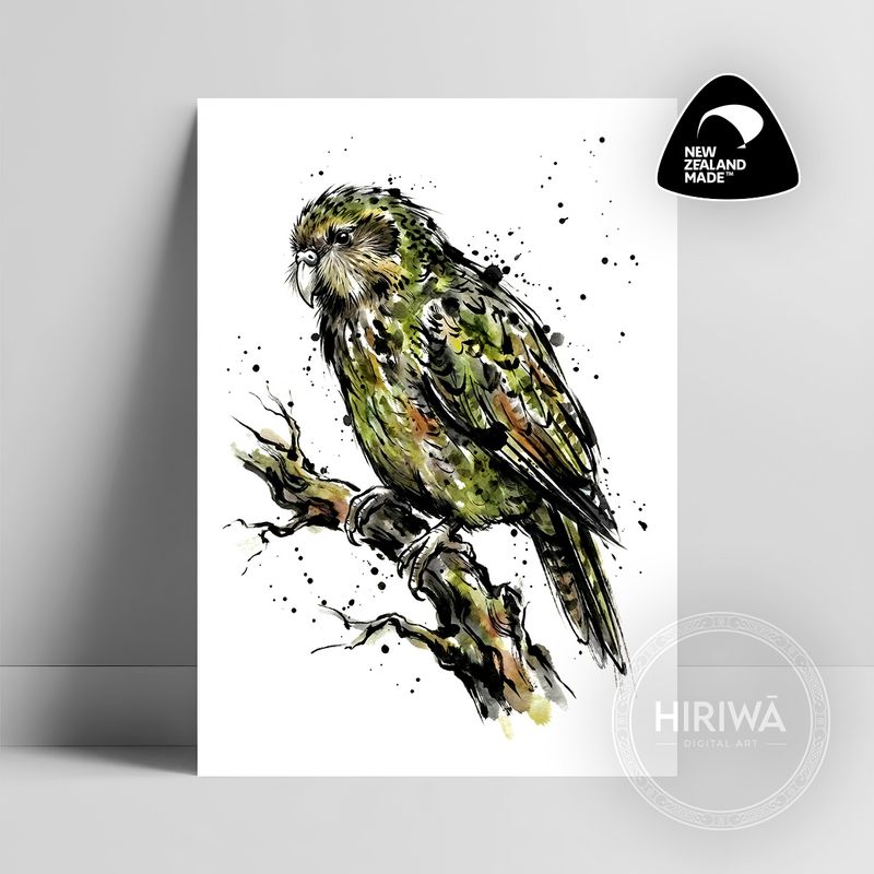 Kākāpō artwork with moss-green plumage and pale hooked beak perched on a rugged black ink-brush branch by Hiriwā Digital Art.