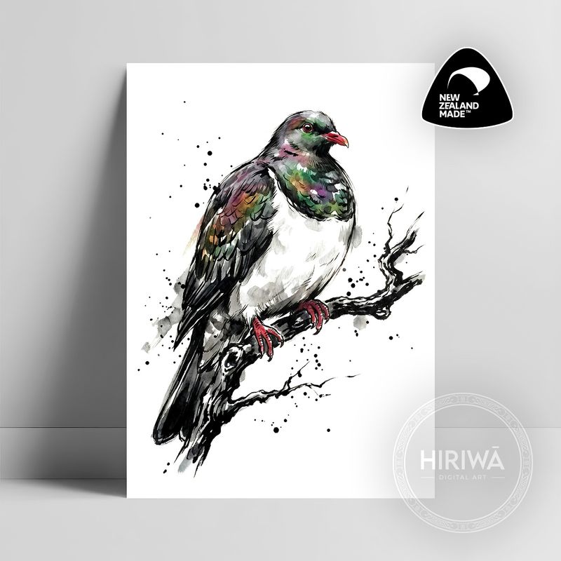 Kererū artwork with iridescent green and bronze plumage, white breast and red feet perched on a branch by Hiriwā Digital Art.