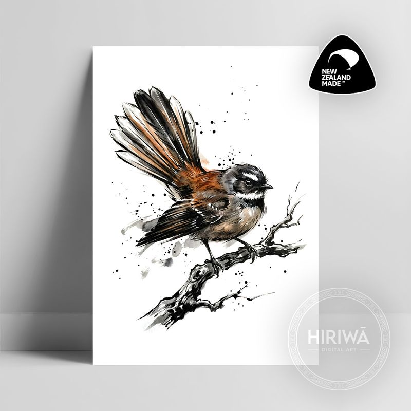 Pīwakawaka fantail artwork with a fanned russet tail perched on an expressive black ink branch by Hiriwā Digital Art.