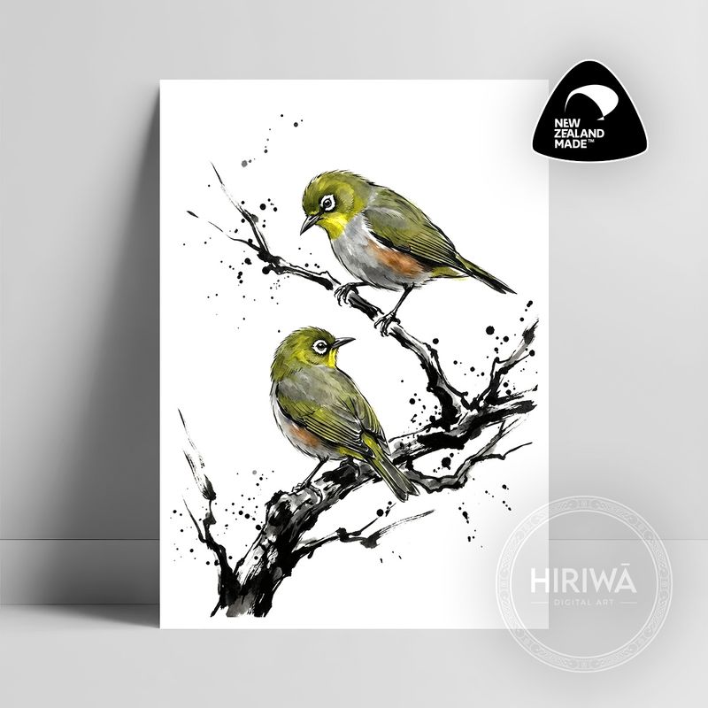 Tauhou wax-eye artwork featuring two olive-green birds with white eye-rings perched on ink branches by Hiriwā Digital Art.