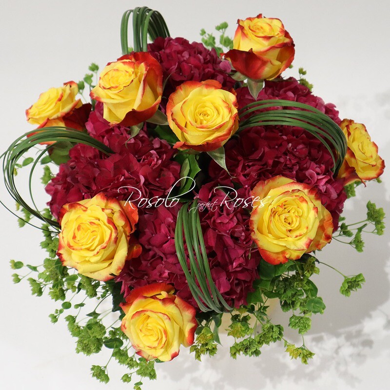 Hortensia fuchsia, roses jaunes