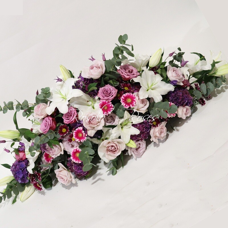 Belle gerbe en mauve, rose et blanc