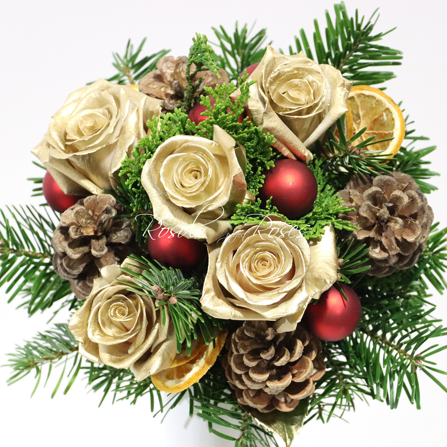Bouquet festif avec des belles roses en or