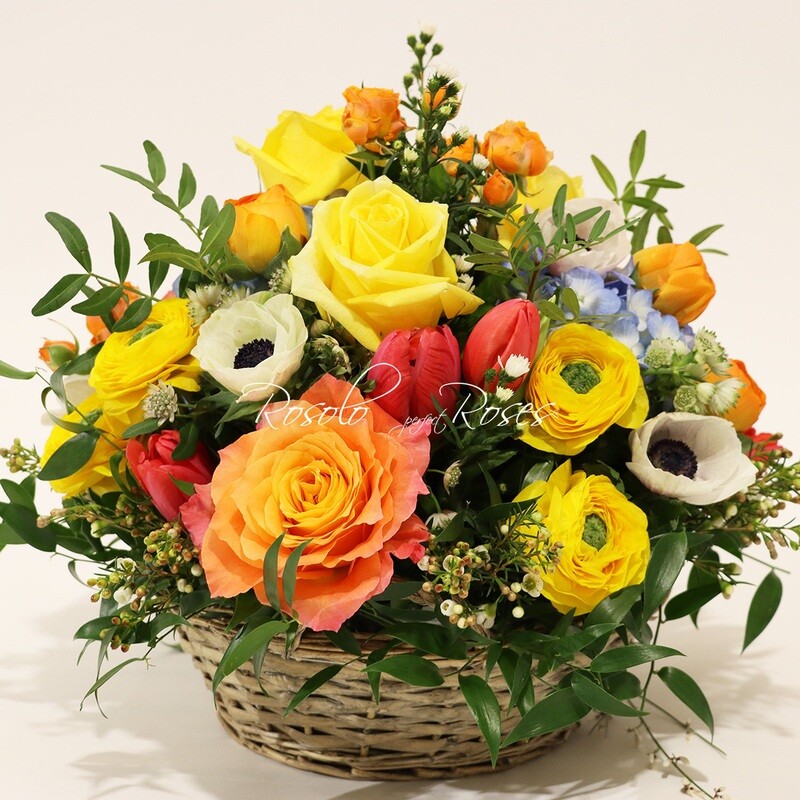 Panier fleuri, couleurs vives