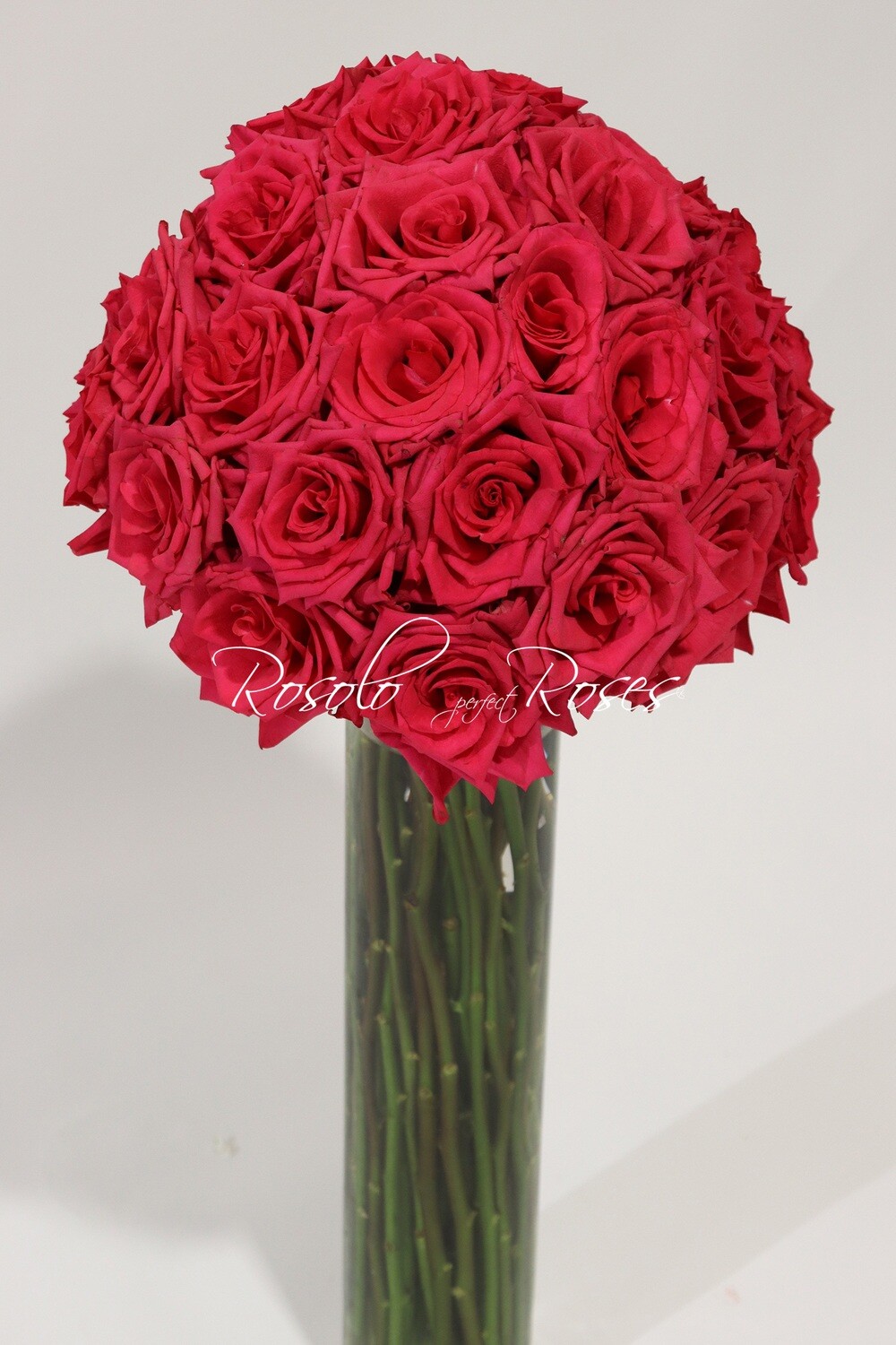 Bouquet boule, grandes roses "Pink Floyd", compact dans un vase cylindrique