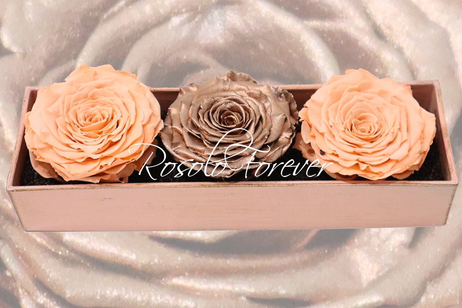 Arrangement de table, 3 roses XXL , couleur saumon et cuivre