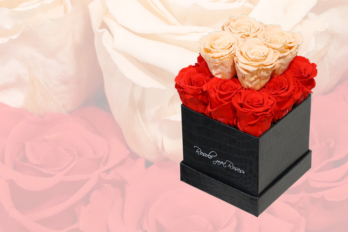 Boîte cubique, 13 roses éternelles en rouge claire et saumon