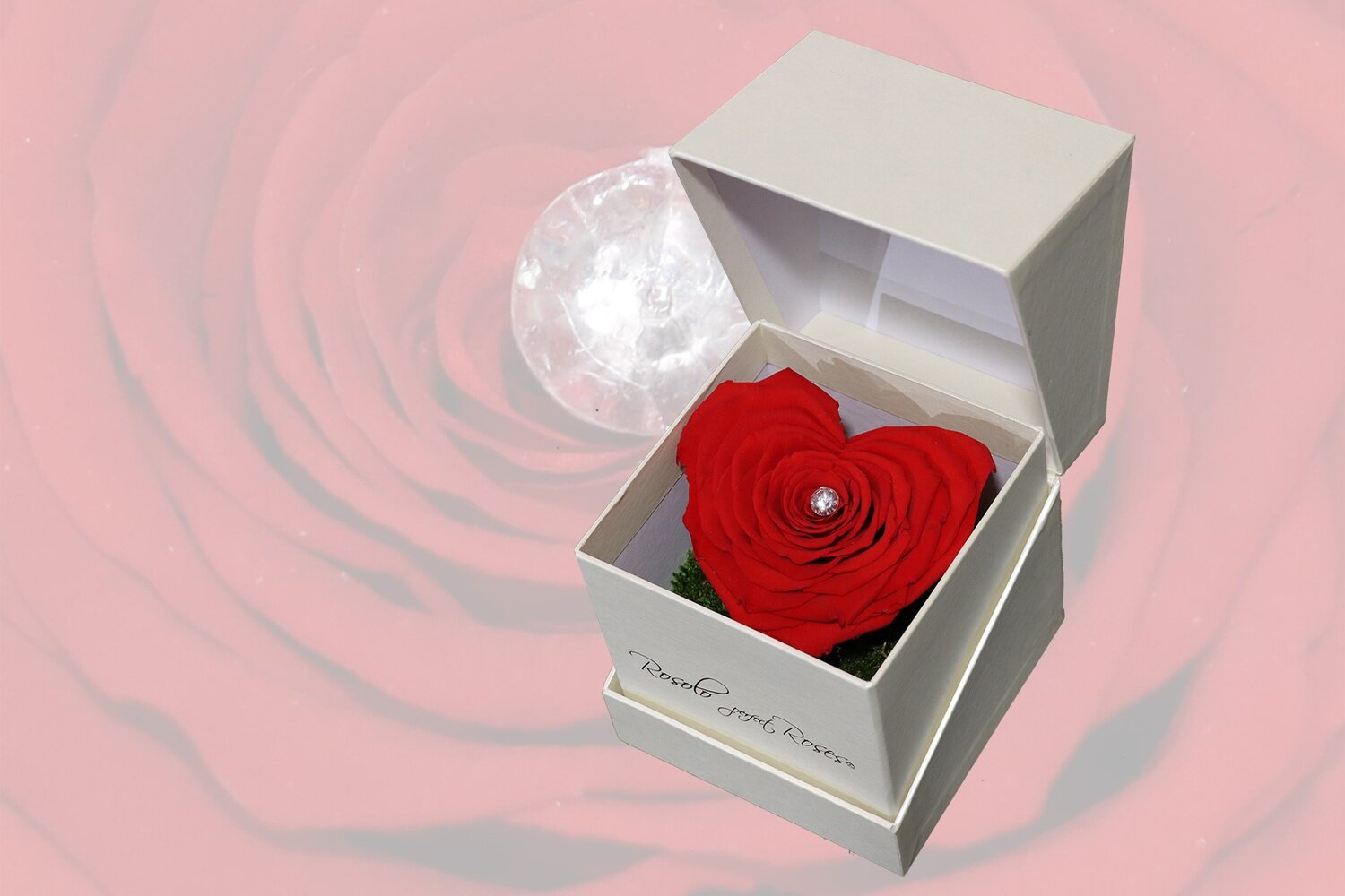 Boîte prestigieuse avec une superbe rose stabilisée en forme de coeur