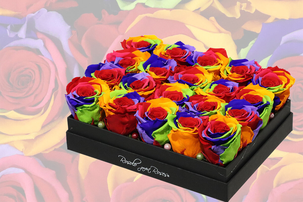 Boîte rectangulaire, 3 tailles: 6, 12, ou 20 roses éternelles arc en ciel
