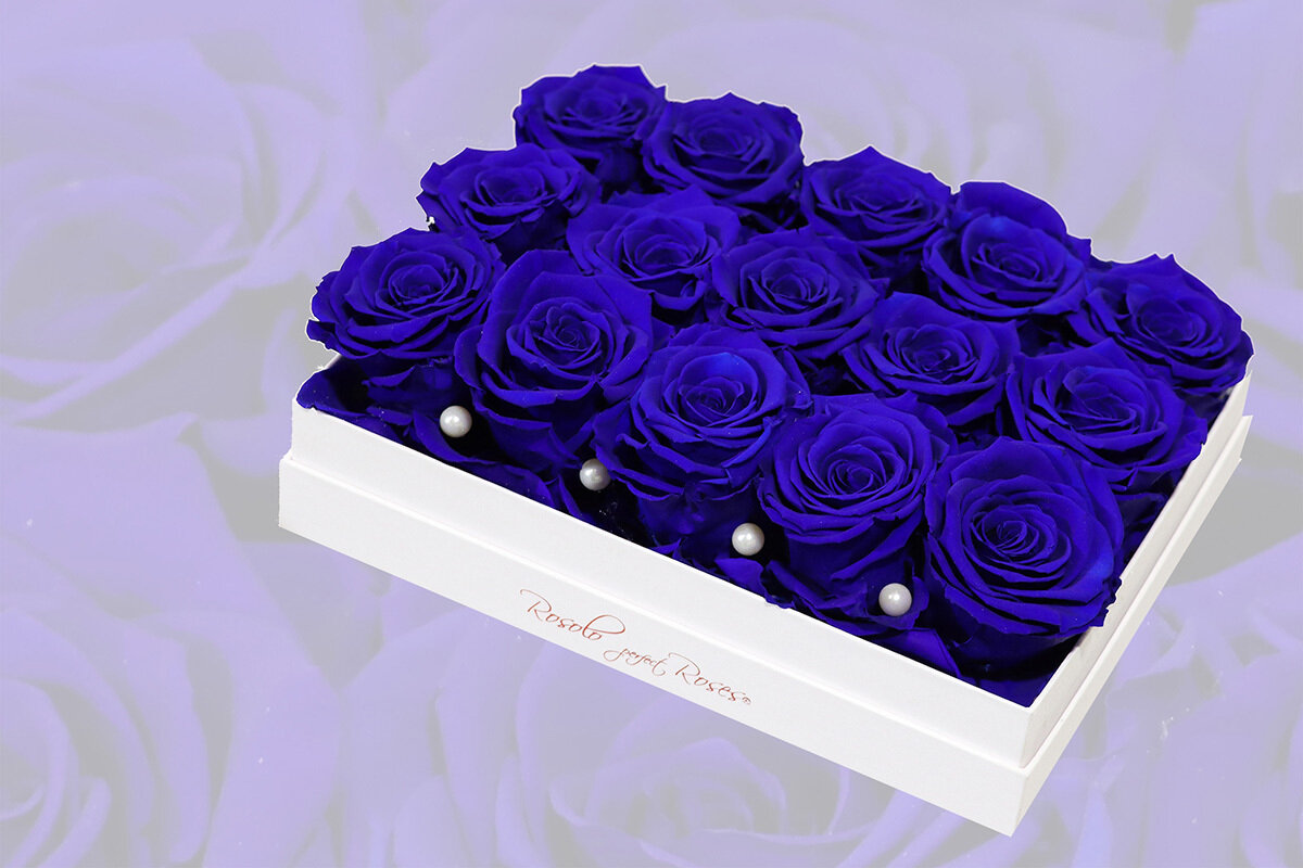 Boîte rectangulaire, 3 tailles: 6, 12, ou 20 roses éternelles en bleu