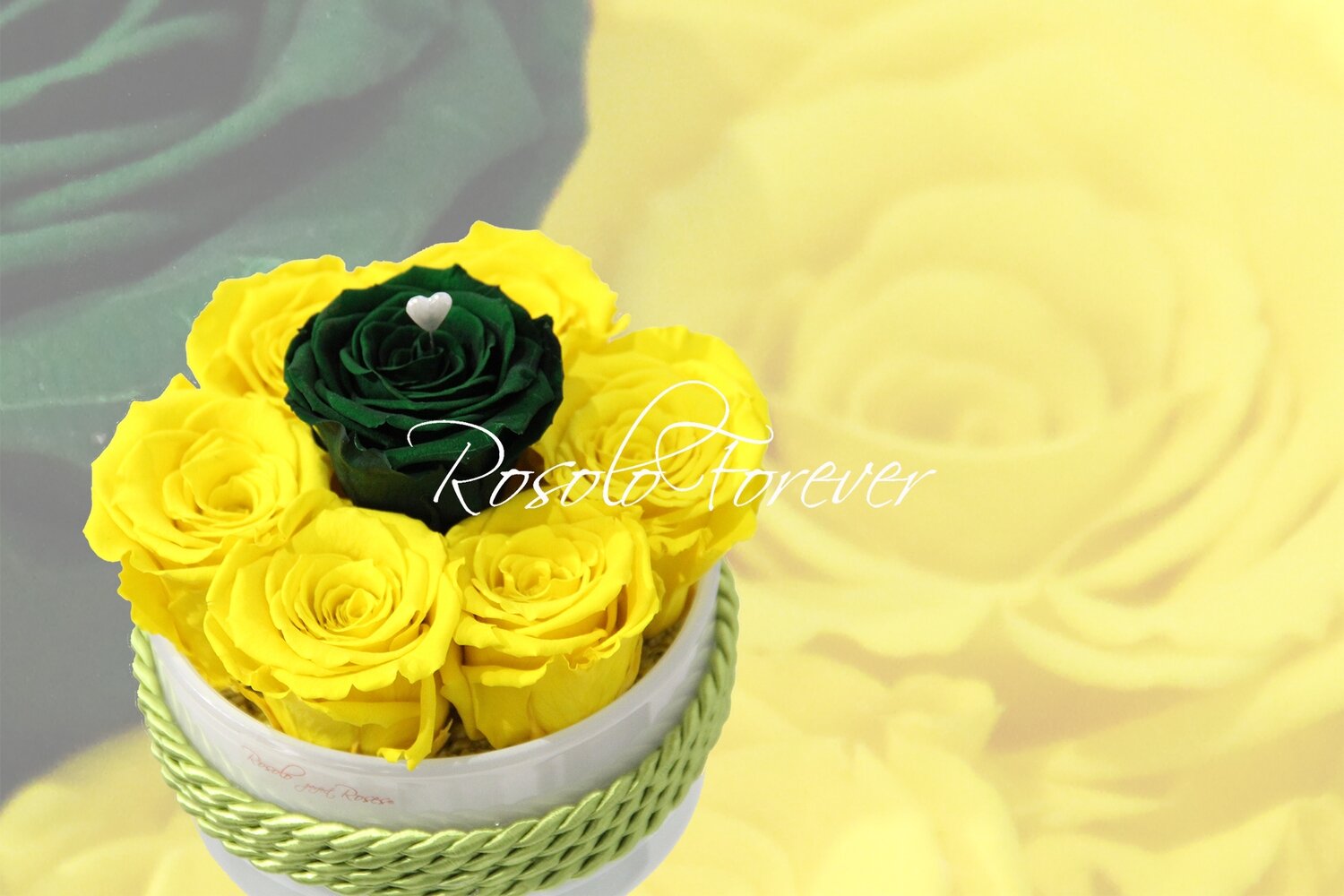 Coupe de roses, jaune vif et vert foncé