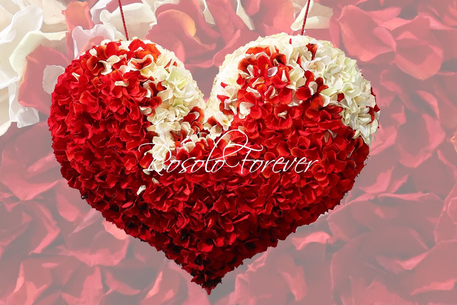 Très grand cœur somptueux, 2 faces, composé de milliers de pétales de roses