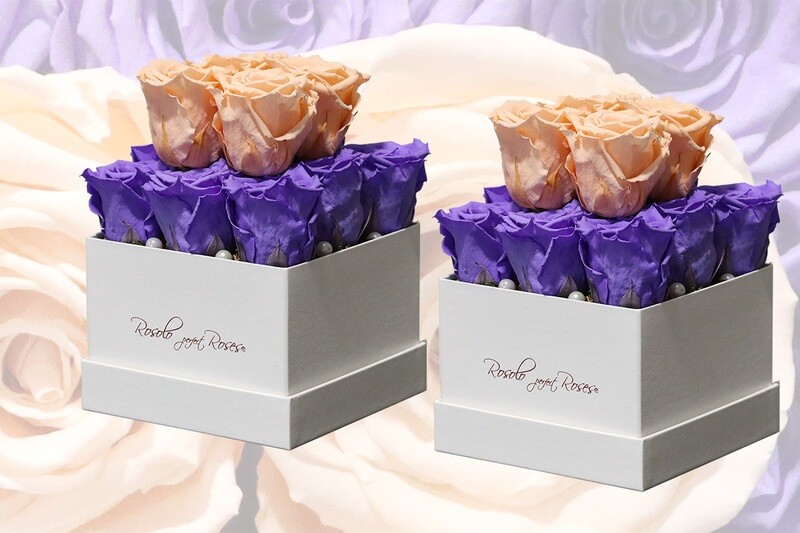 Boîte carrée 13 roses éternelles en mauve et saumon