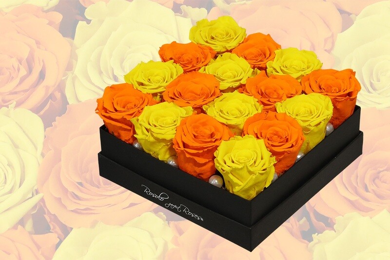 Boîte carrée, 16 roses éternelles en jaune et orange
