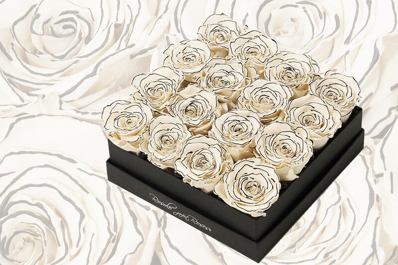 Boîte carrée, 16 roses éternelles en blanc, bordure noire