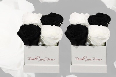 Boîte carrée, 4 roses éternelles en noir et blanc