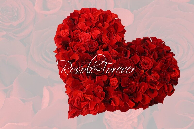 Superbe coeur en rouge. Mixture de roses éternelles et pétales de roses. Différents tailles.