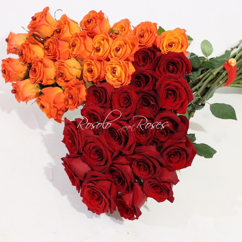 Bouquet coeur, roses rouges et orange