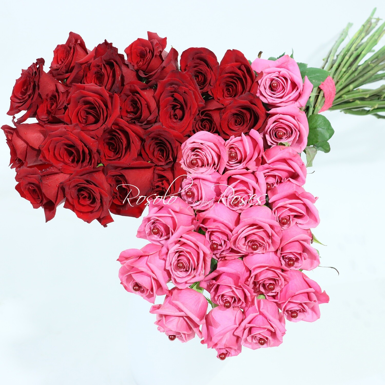 Bouquet coeur, roses rouges et fuchsias